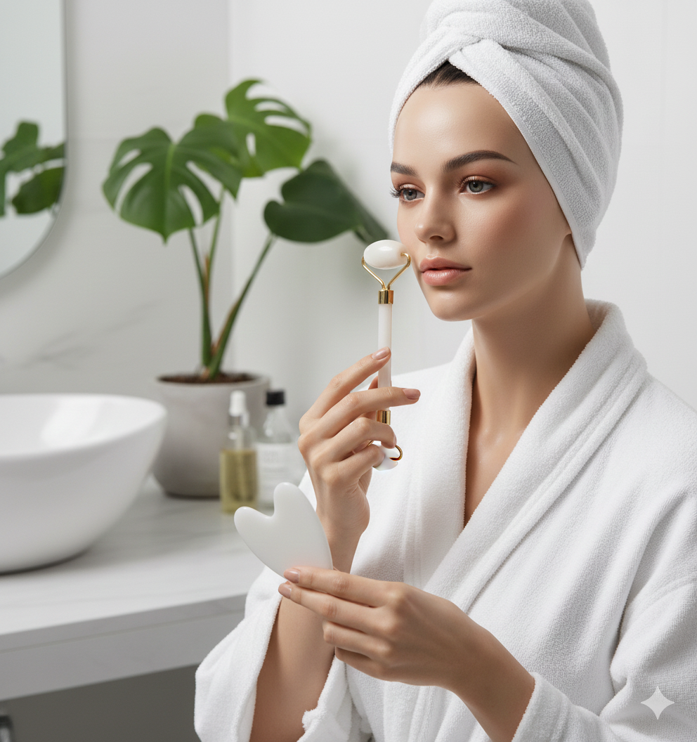 Woman in a white robe using a facial roller in a bathroom setting