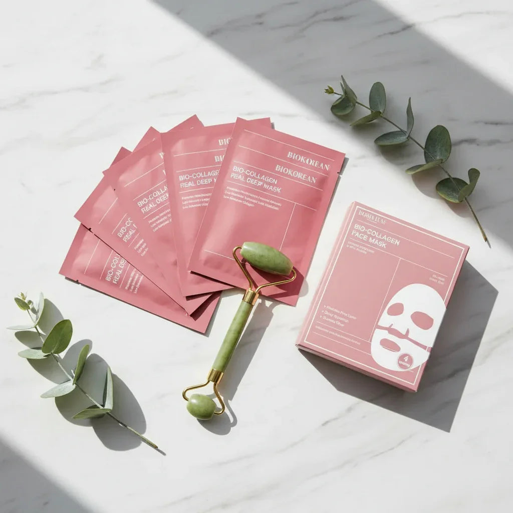 Collagen mask and jade roller bundle flat lay