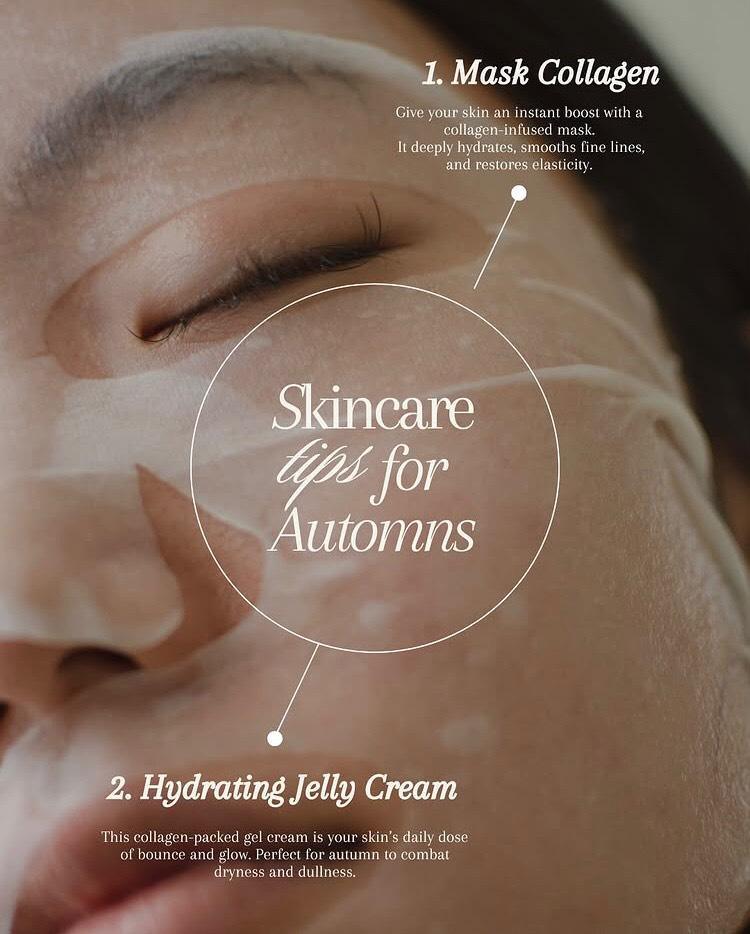 Close-up of a woman's face with collagen mask applied, highlighting skincare tips for autumn hydration and elasticity